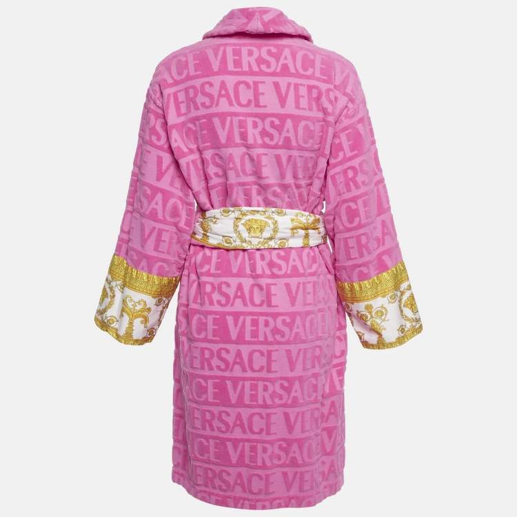 Pre Owned Versace Home Pink Terry Baroque Print Belted Bathrobe S