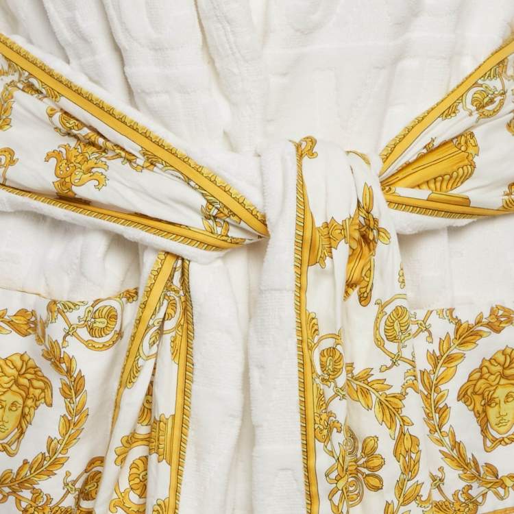 Pre Owned Versace Home White Terry Baroque Belted Bathrobe M