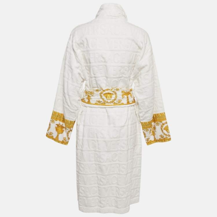 Pre Owned Versace Home White Terry Baroque Belted Bathrobe M