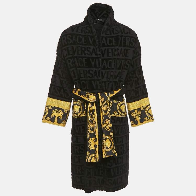 Pre Owned Versace Home Black Terry Baroque Belted Bathrobe M