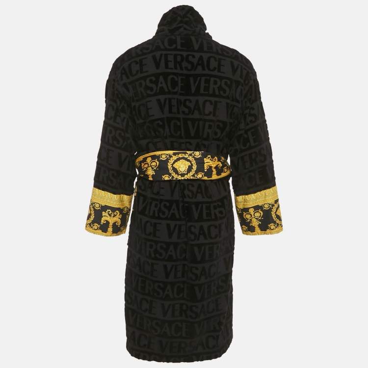 Pre Owned Versace Home Black Terry Baroque Belted Bathrobe M