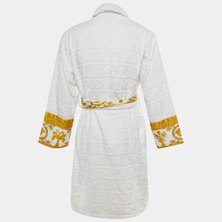 Pre Owned Versace Home White Monogram Terry Cotton Baroque Print Bathrobe L 