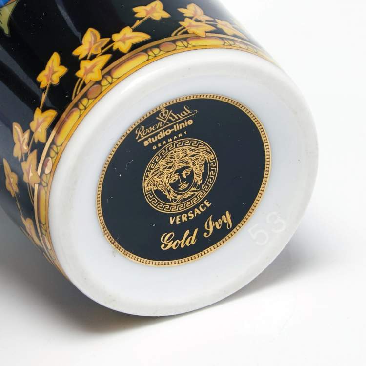 Pre Owned Rosenthal Meets Versace  Gold Ivy Floral Print Black Porcelain Vase