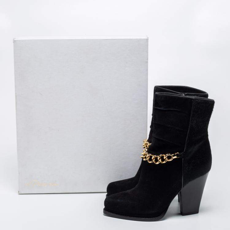 Pre Owned 3.1 Phillip Lim Black Suede And Calf Hair Berlin Chain Detail Ankle Boots Size 38.5