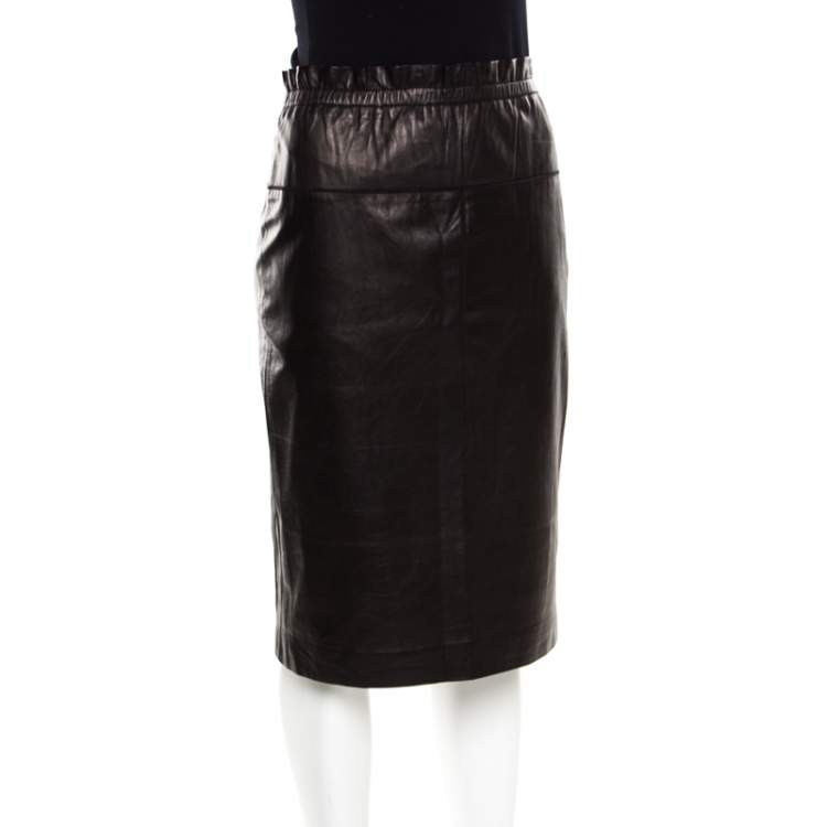 Pre Owned 3.1 Phillip Lim Brown Lamb Leather Ruffled Waist Detail Pencil Skirt M