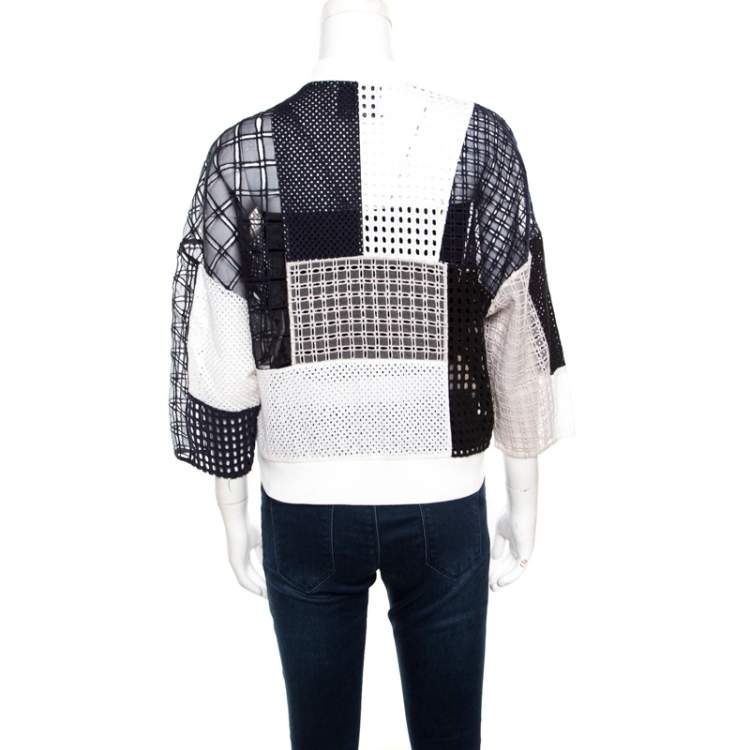 Pre Owned 3.1 Phillip Lim White and Navy Blue Cotton Eyelet Patchwork Detail Bomber Jacket S