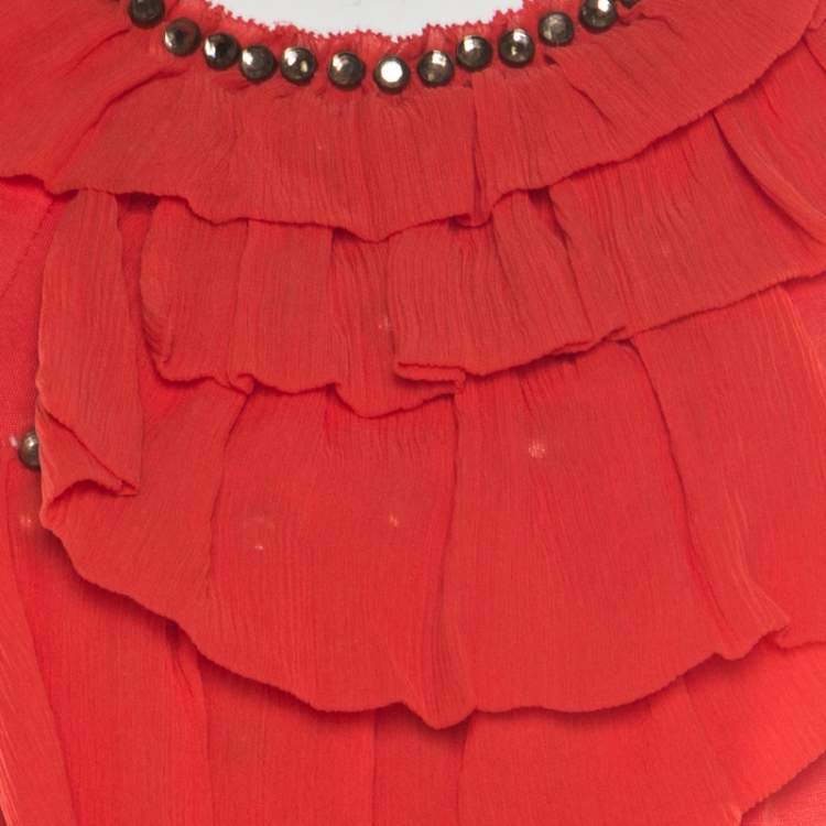 Pre Owned 3.1 Phillip Lim Orange Stretch Knit Chiffon Ruffled Embellished Sleeveless Dress M