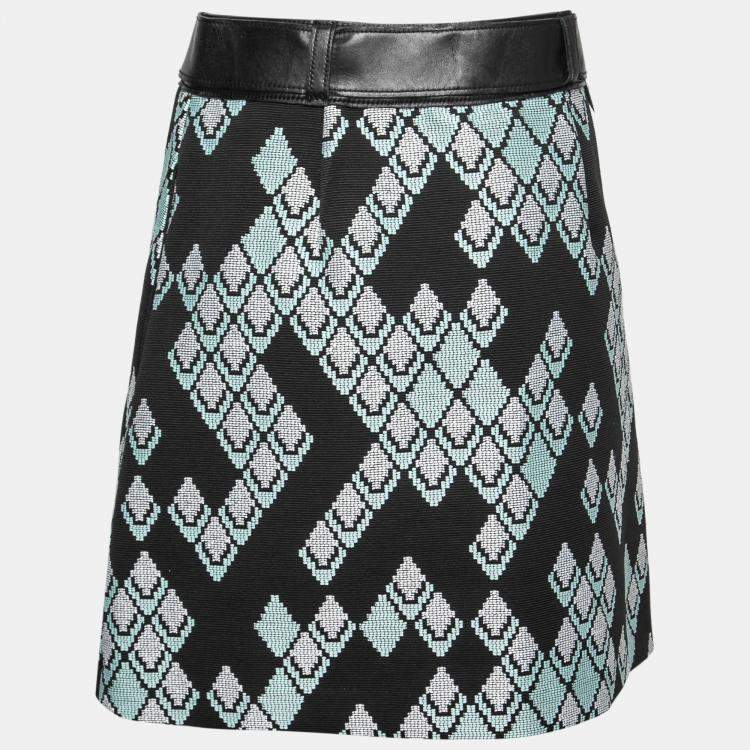Pre Owned 3.1 Phillip Lim Celadon Black Geometric Patterned Jacquard Leather Belted A Line Skirt S