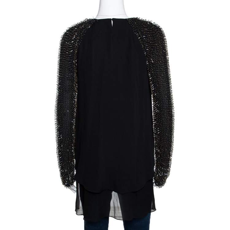 Pre Owned 3.1 Phillip Lim Black Silk Crepe Static Beaded Sleeve Top XS