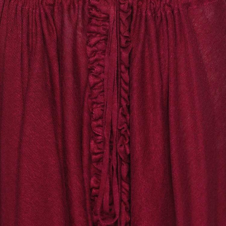 Pre Owned Marina Rinaldi Burgundy Stretch Knit Ruffle Edge Drawstring Cardigan L