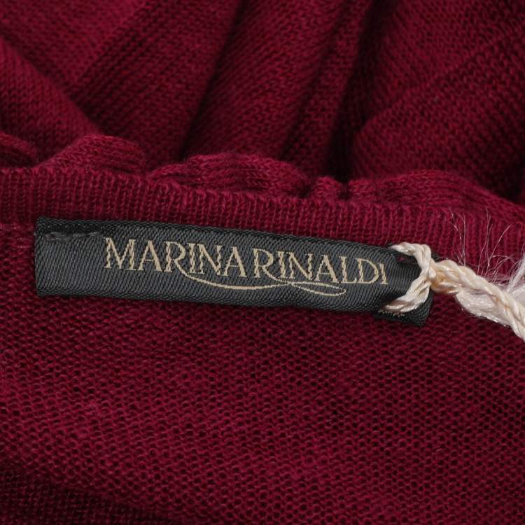 Pre Owned Marina Rinaldi Burgundy Stretch Knit Ruffle Edge Drawstring Cardigan L
