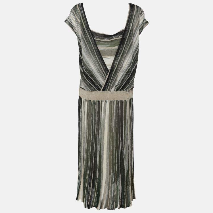 Pre Owned Marina Rinaldi Grey/Black Stripe Stretch Knit Midi Dress L