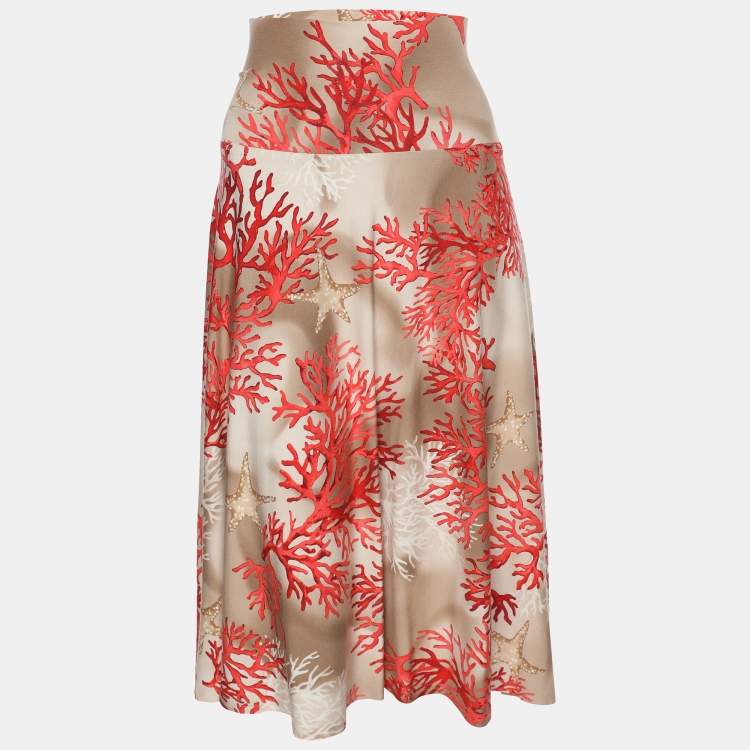 Pre Owned Basler Orange/Beige Coral Print Jersey Midi Skirt XL