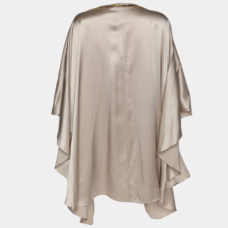 Pre Owned Marina Rinaldi Beige Satin Crystal Embellished Poncho L
