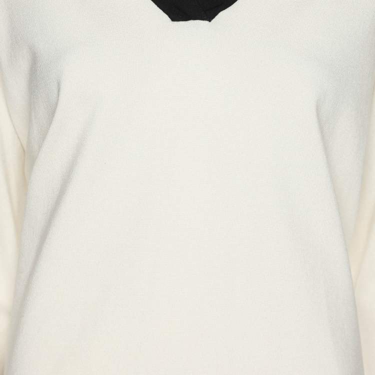 Pre Owned Marina Rinaldi Cream Jersey Contrast Trim V Neck Sweater L