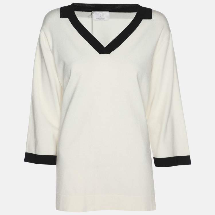 Pre Owned Marina Rinaldi Cream Jersey Contrast Trim V Neck Sweater L