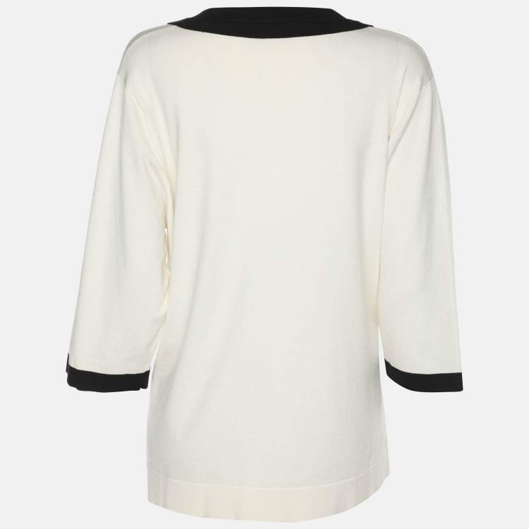 Pre Owned Marina Rinaldi Cream Jersey Contrast Trim V Neck Sweater L