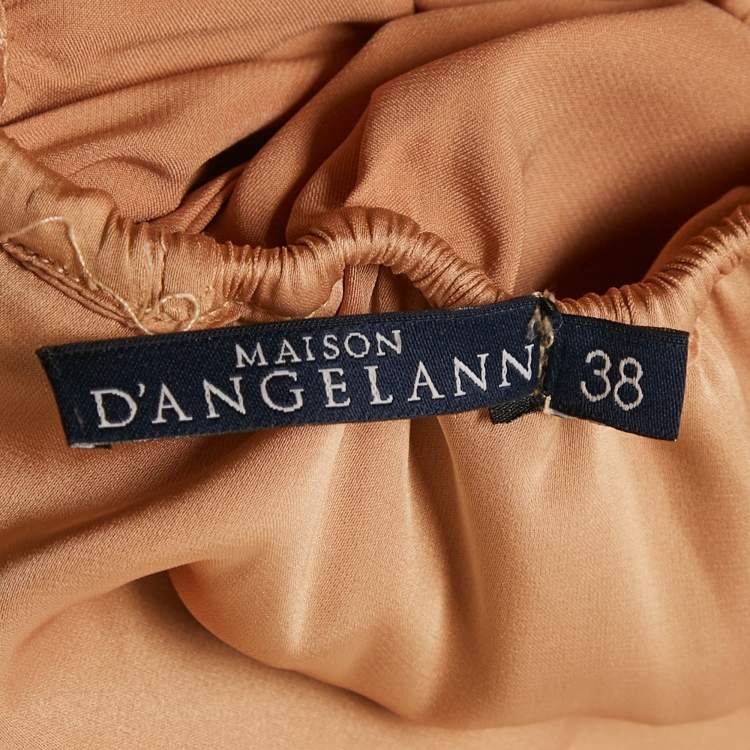 Pre Owned Maison d'Angelann Gold Beige Silk Satin Draped Off-Shoulder Long Dress M