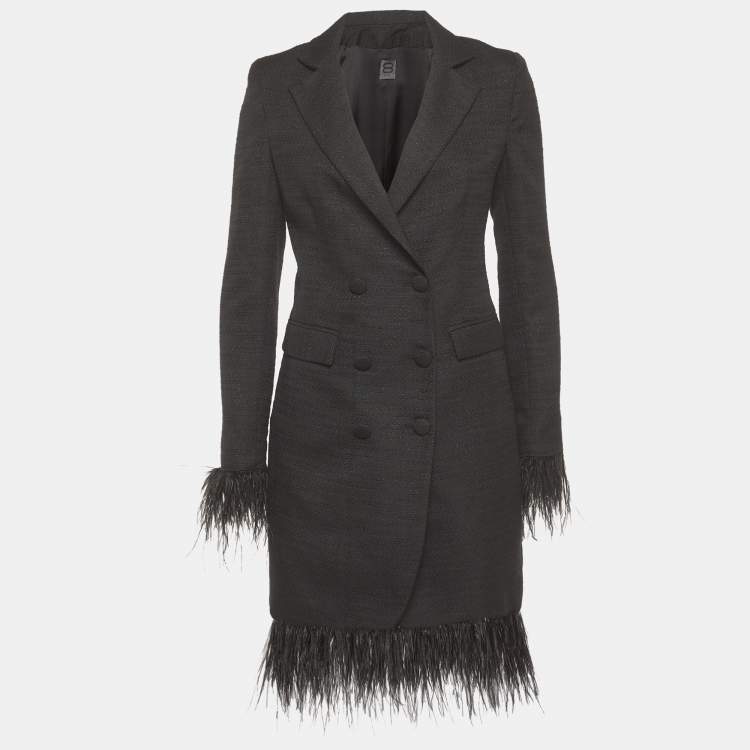 Pre Owned 8 by Yoox Black Tweed Feather Trim Blazer and Mini Skirt Suit S