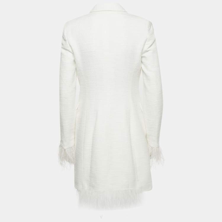 Pre Owned 8 Yoox White Feather Trim Tweed Blazer and Skirt Set M