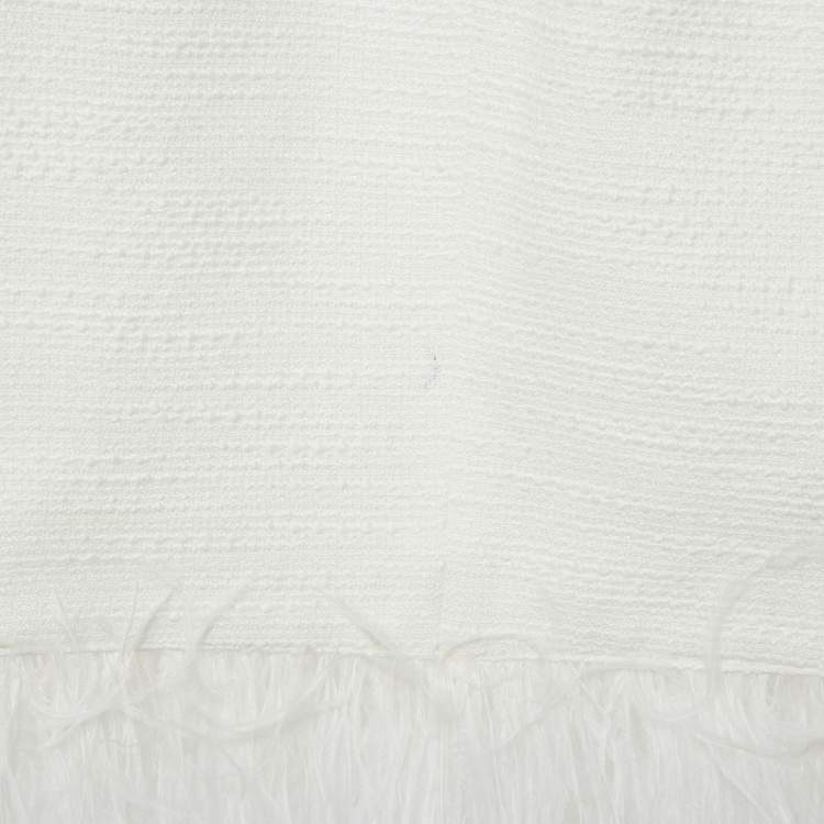 Pre Owned 8 Yoox White Feather Trim Tweed Blazer and Skirt Set M