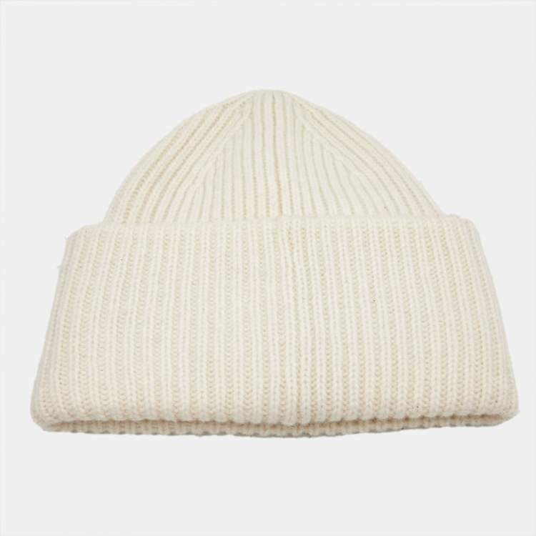 Pre Owned Acne Studio Ivory Rib Knit Evil Face Logo Beanie One Size 