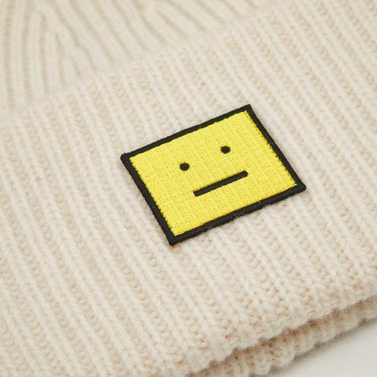 Pre Owned Acne Studio Ivory Rib Knit Evil Face Logo Beanie One Size 