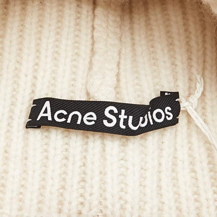 Pre Owned Acne Studio Ivory Rib Knit Evil Face Logo Beanie One Size 