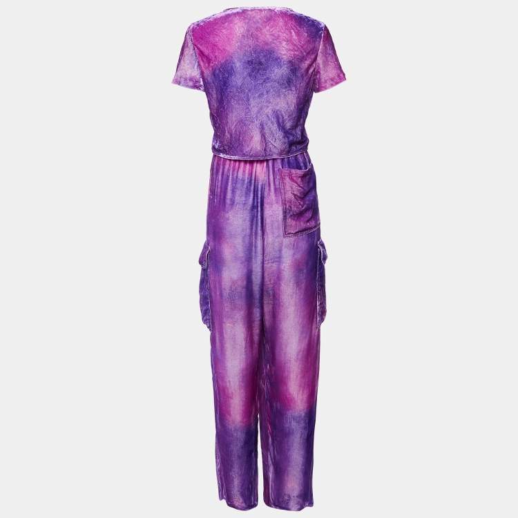 Pre Owned Acne Studios Purple Velvet Crop Top and Track Pants Set L