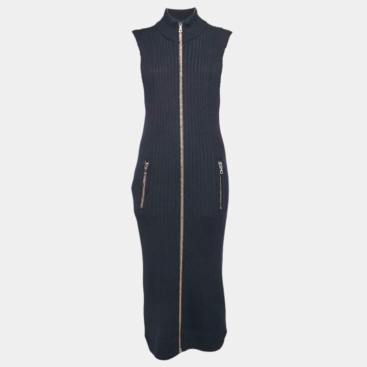 Pre Owned Acne Studios Navy Blue Rib Knit Zip-Up Sleeveless Midi Sweater Dress M
