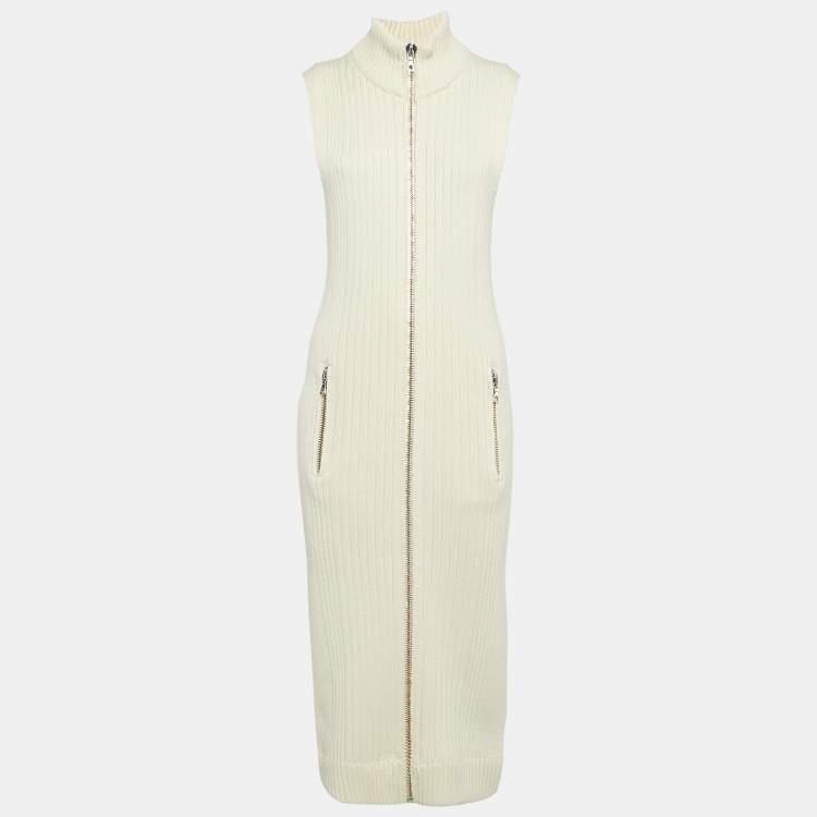 Pre Owned Acne Studios Cream Rib Knit Zip-Up Sleeveless Midi Sweater Dress S