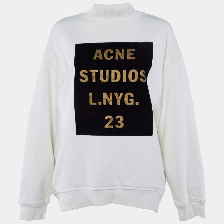 Pre Owned Acne Studios Cream Flocked Logo Cotton High Neck Sweatshirt M