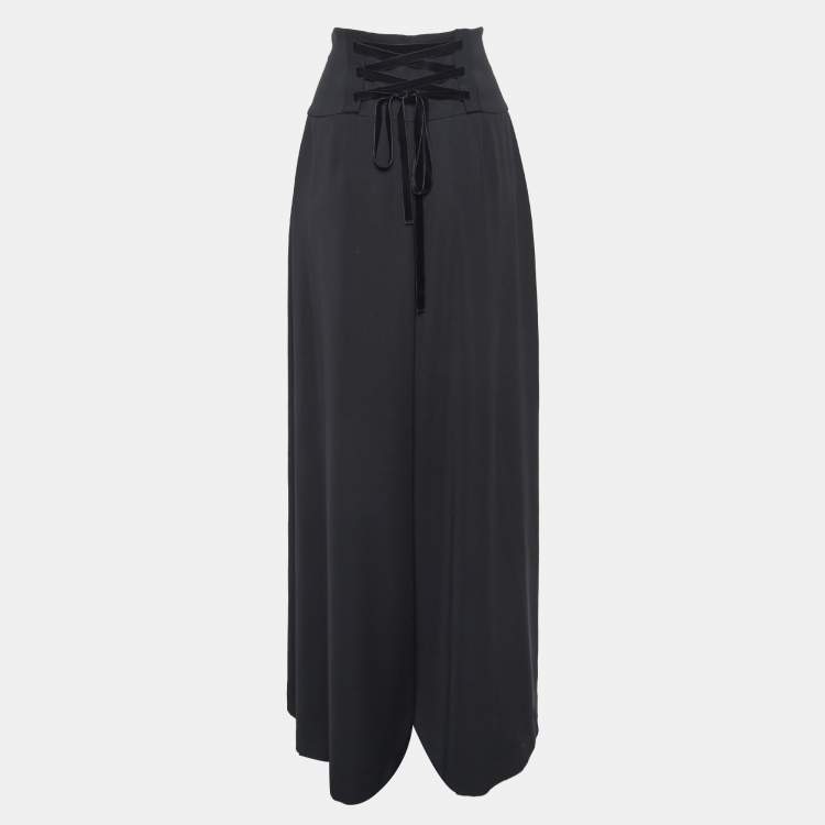 Pre Owned Adeam Black Crepe Lace-Up Wide-Leg Trousers M