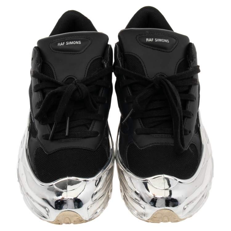 Pre Owned Adidas By Raf Simons Black-Silver Leather And Mesh Ozweego Sneakers Size 41.5