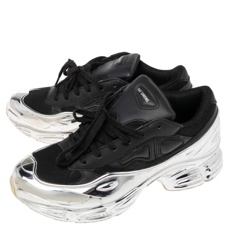 Pre Owned Adidas By Raf Simons Black-Silver Leather And Mesh Ozweego Sneakers Size 41.5