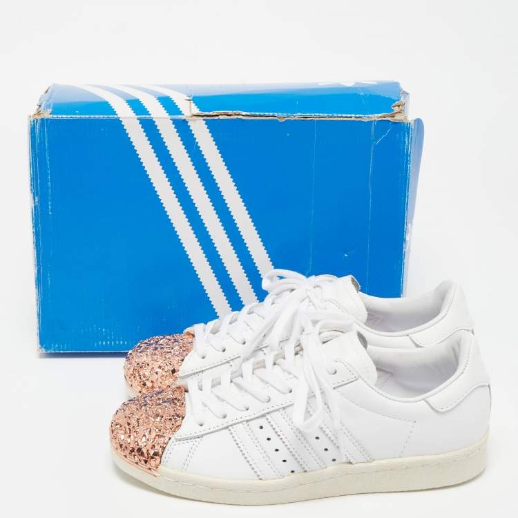 Pre Owned Adidas White/Pink Leather and Metal Superstar Sneakers Size 37.5