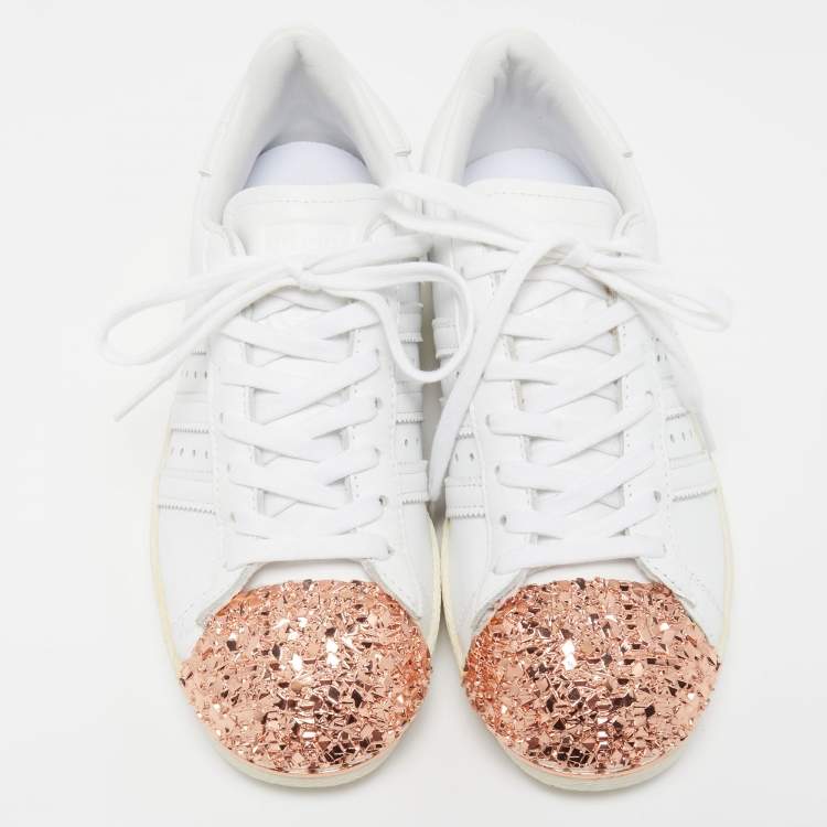 Pre Owned Adidas White/Pink Leather and Metal Superstar Sneakers Size 37.5