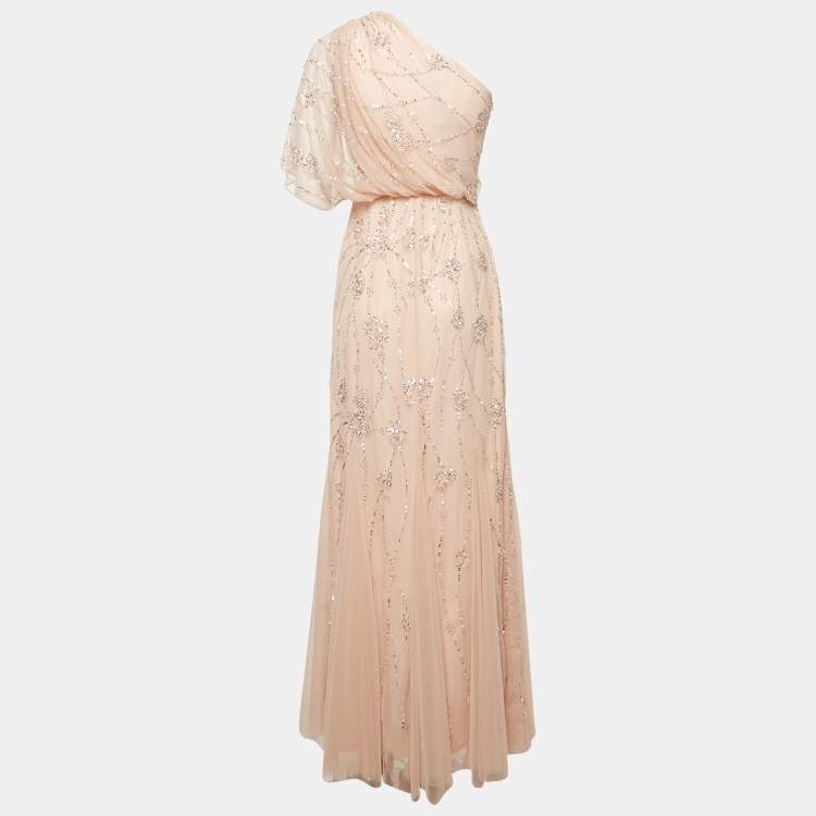 Pre Owned Adrianna Papell Pink Sequin Embroidered Tulle One Shoulder Gown S