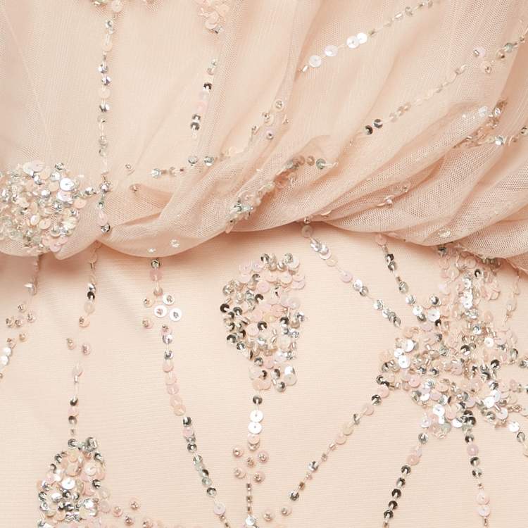 Pre Owned Adrianna Papell Pink Sequin Embroidered Tulle One Shoulder Gown S