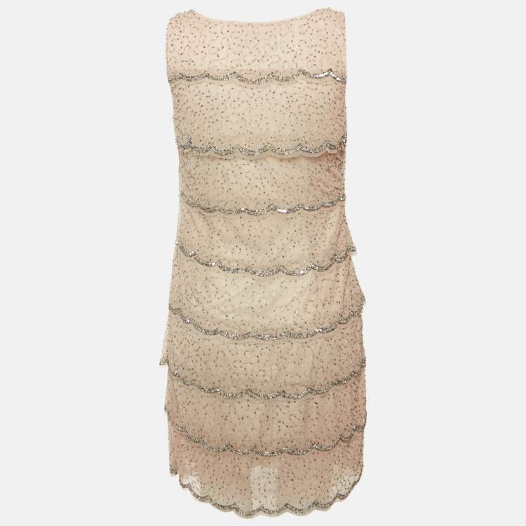 Pre Owned Adrianna Papell Evening Grey Beaded Tulle Tiered Mini Dress M
