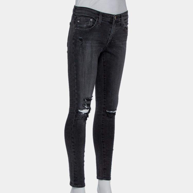 Pre Owned Adriano Goldschmied Dark Grey Denim Distressed Skinny Ankle Length Jeans M