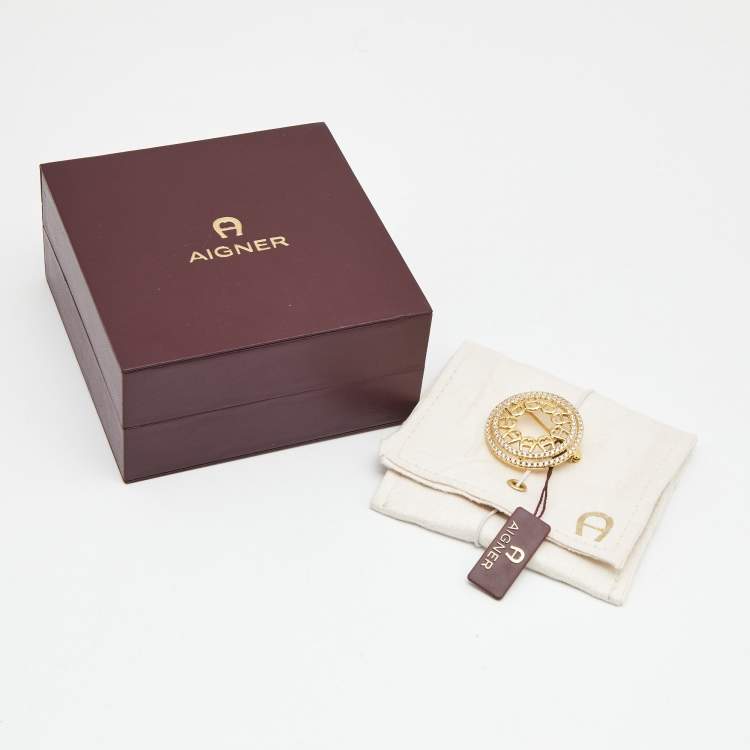 مملوكة مسبقًا Aigner Logo Crystal Gold Tone Brooch