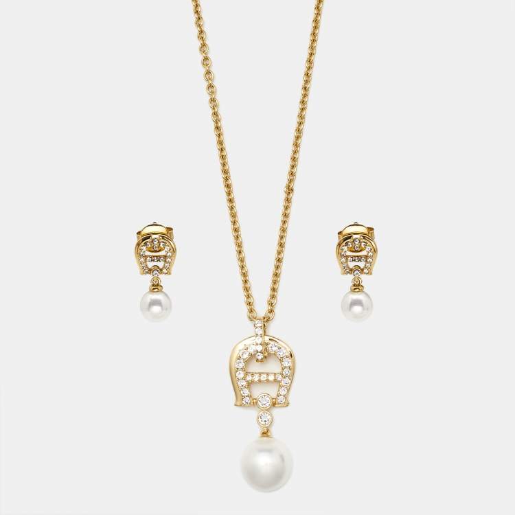 Pre Owned Aigner Crystal Faux Pearl Gold Tone Necklace & Earrings Set