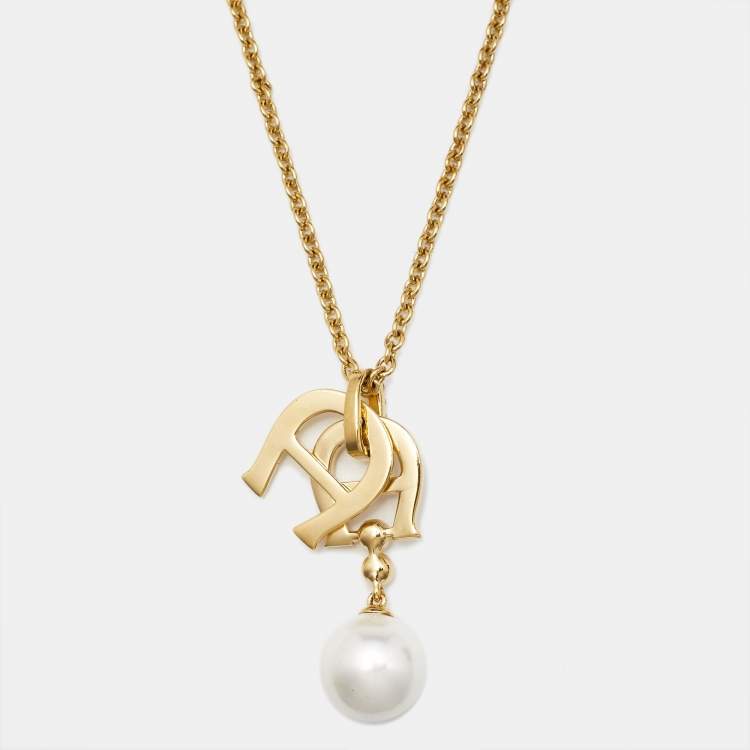 Pre Owned Aigner Crystal Faux Pearl Gold Tone Necklace & Earrings Set