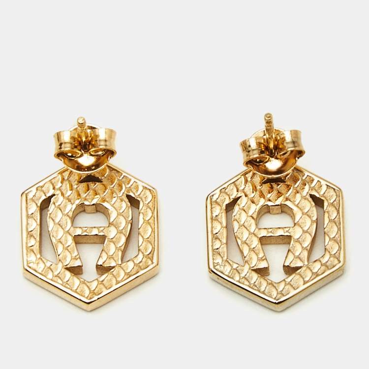 Pre Owned Aigner Logo Crystals Gold Tone Necklace Bracelet Earrings Set