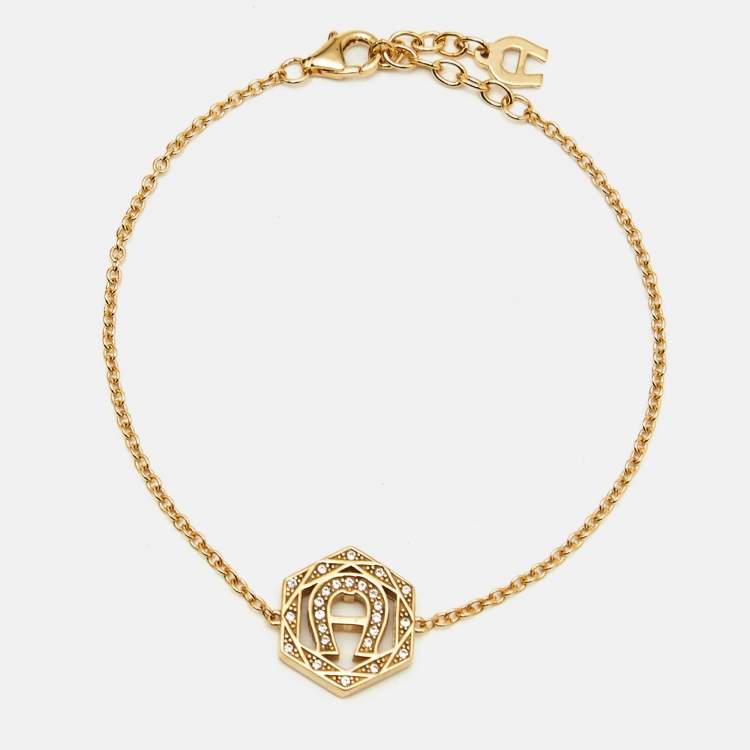 Pre Owned Aigner Logo Crystals Gold Tone Necklace Bracelet Earrings Set