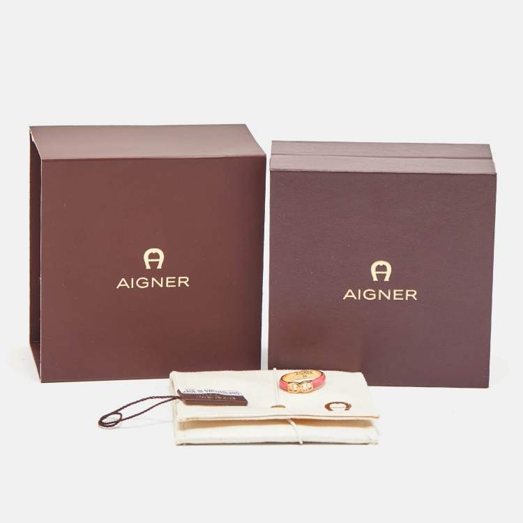 Pre Owned Aigner Logo Enamel Gold Tone Ring Size 56