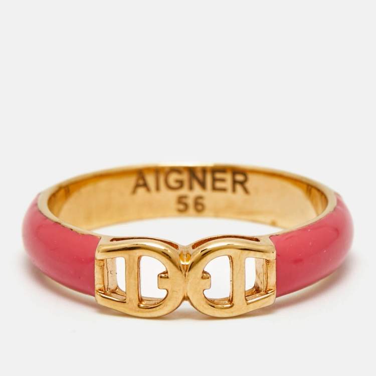 Pre Owned Aigner Logo Enamel Gold Tone Ring Size 56