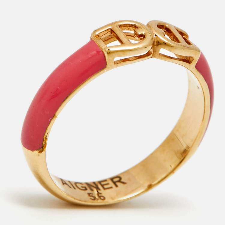 Pre Owned Aigner Logo Enamel Gold Tone Ring Size 56