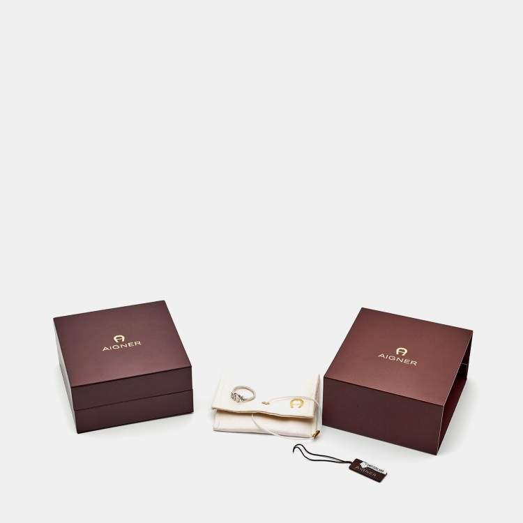 Pre Owned Aigner Logo Crystals Silver Tone Ring Size 56